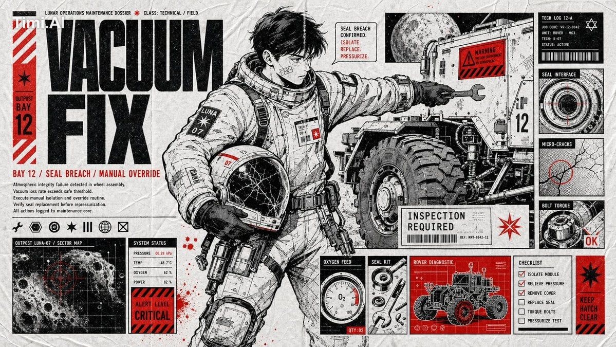 漫画行动档案海报，16:9横版——泛黄褶皱的牛皮纸背景；精细的黑墨水漫画插画，采用网点点缀，描绘[职业+任务]正在行动中的瞬间，绝无摆拍；红色…