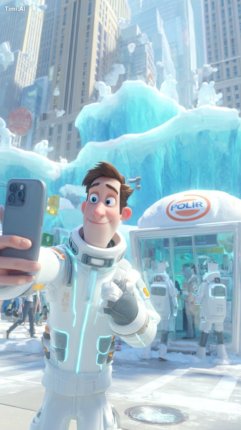 3D cartoon animation styleThe character holds a selfie stick in his han…
