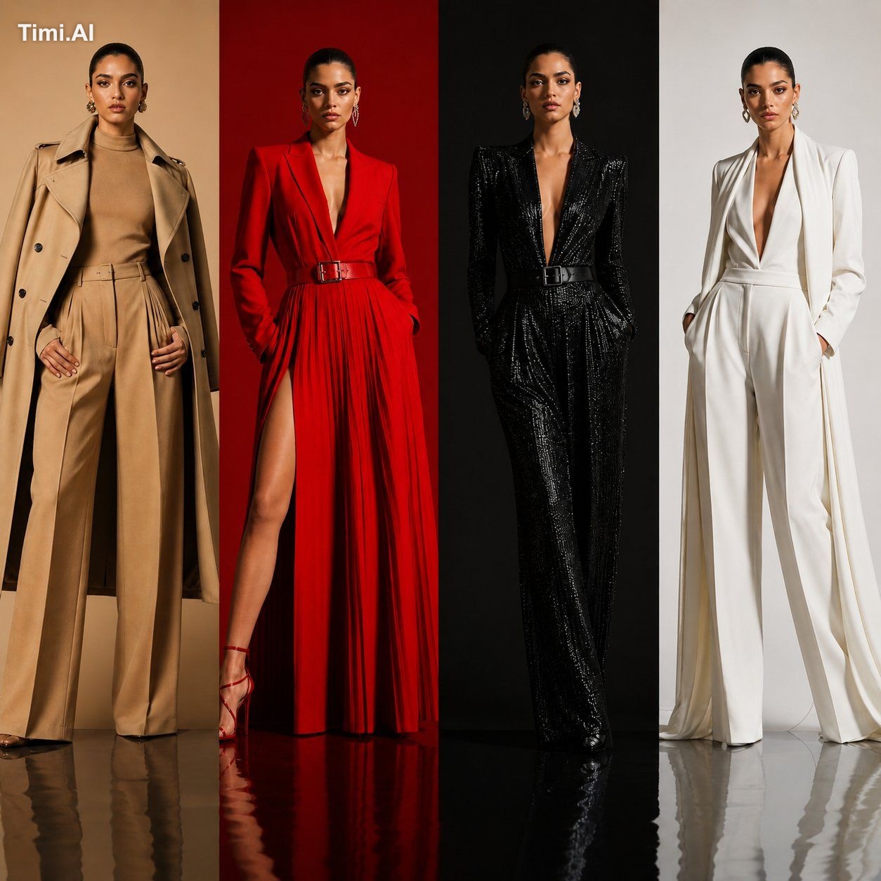 Luxury fashion campaign poster featuring the SAME model displayed in fo…