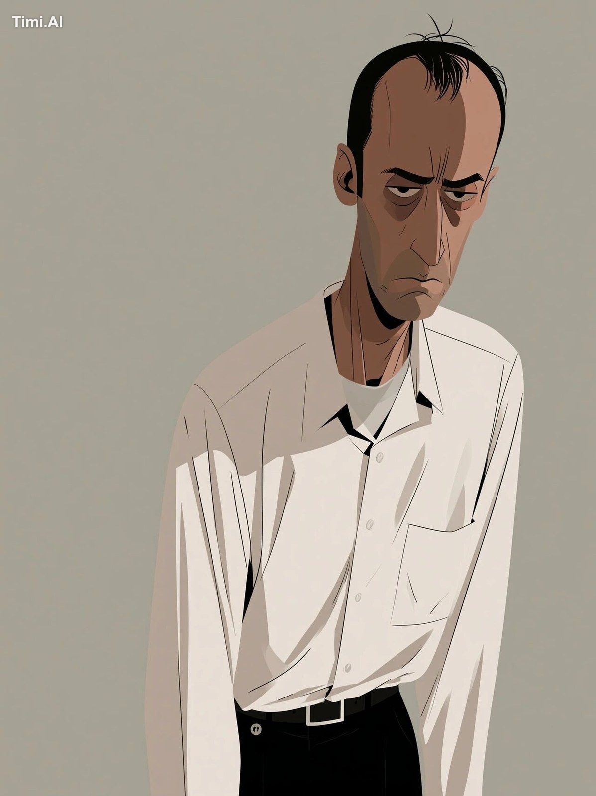 A serious ordinary cartoon man around 30 years old, only a few strands …