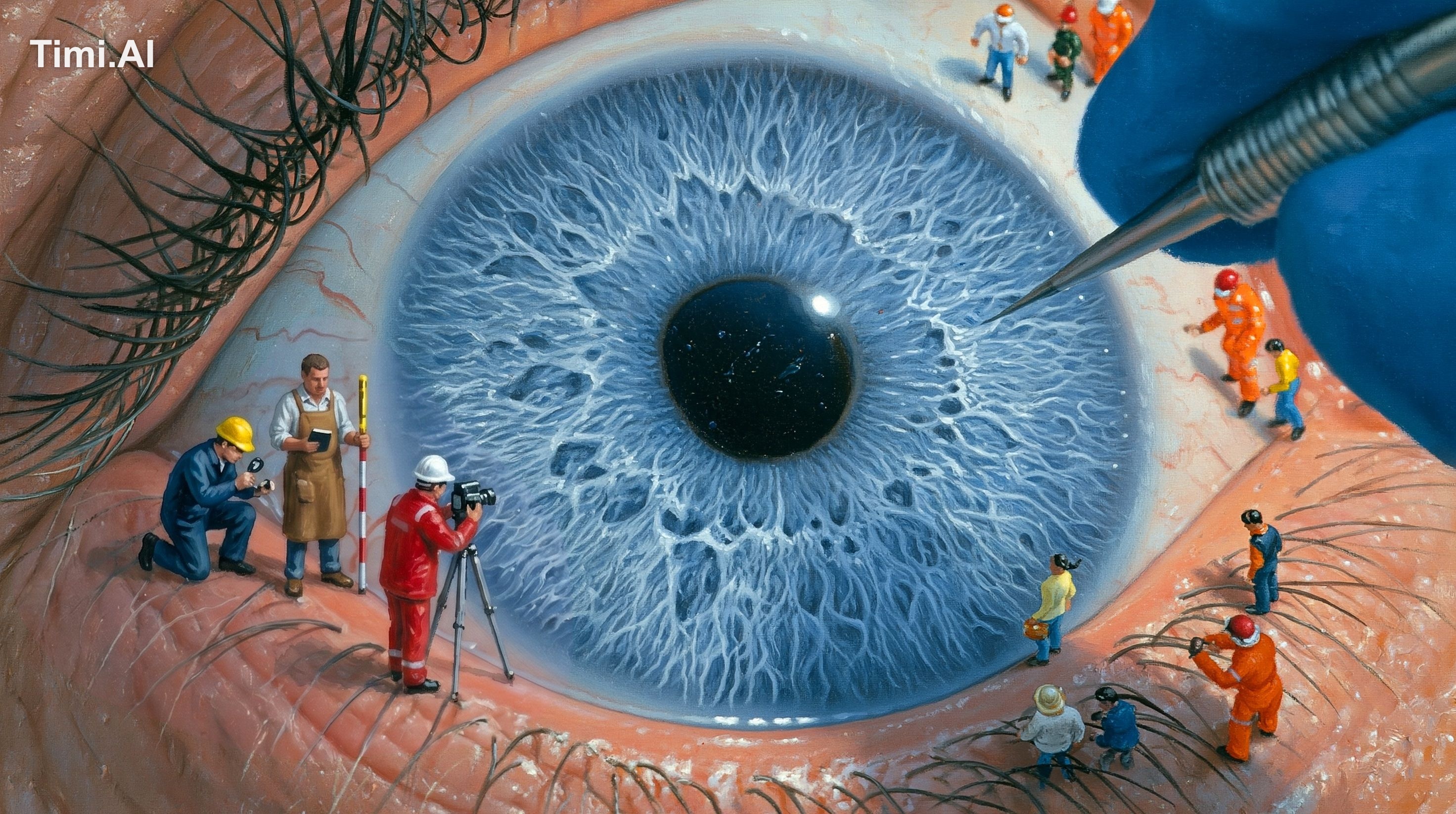 Super macro close-up of pupil and iris inspected by little people, brig…