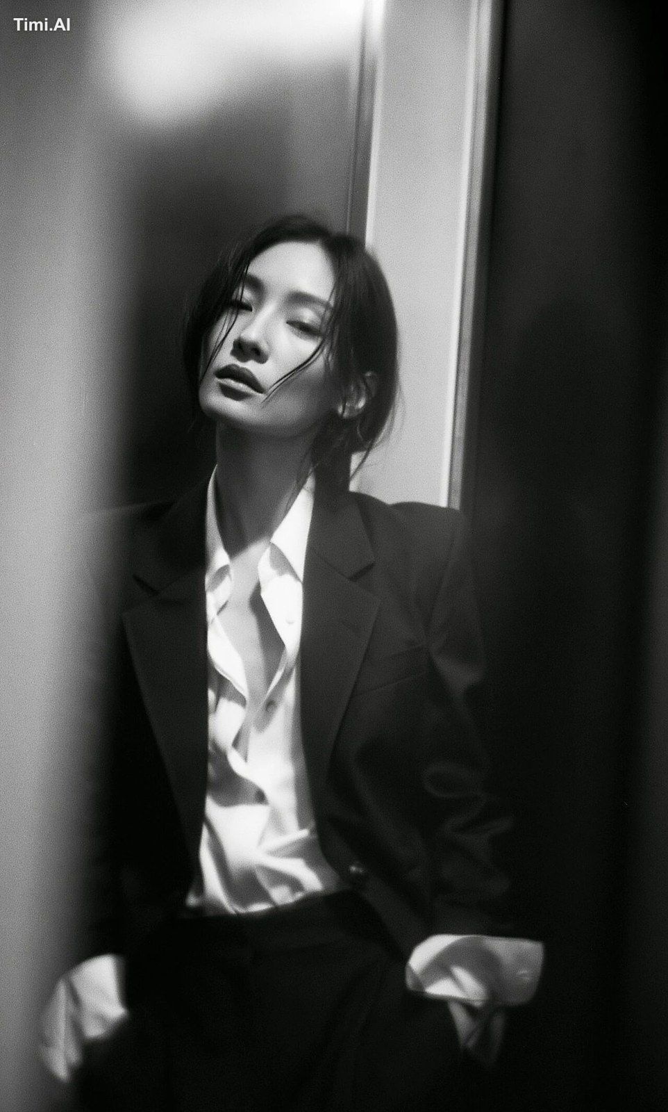 poetic half body shot, an east asian supermodel, summer office attire, …