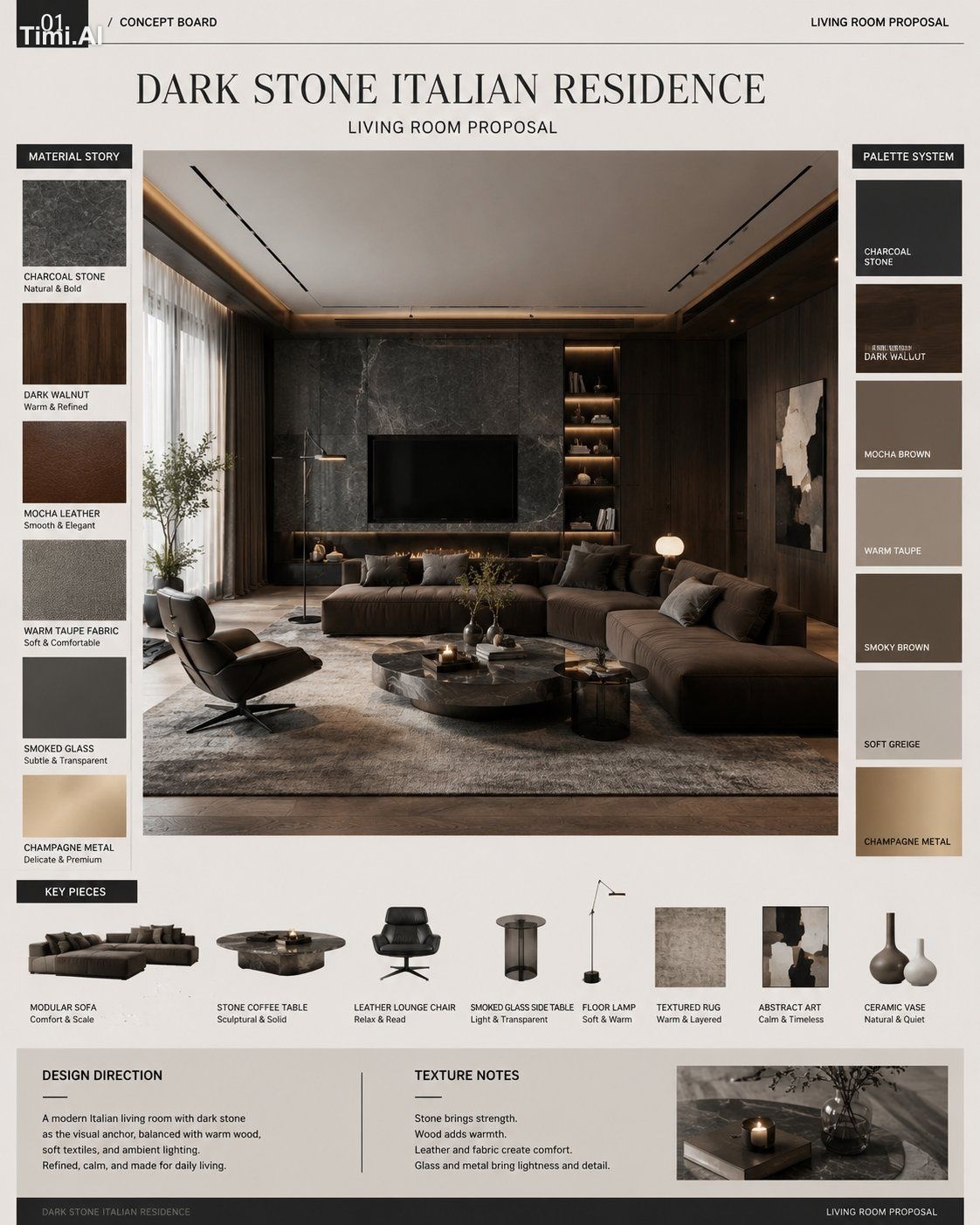 Create a four-page interior design proposal series titled “Dark Stone I…