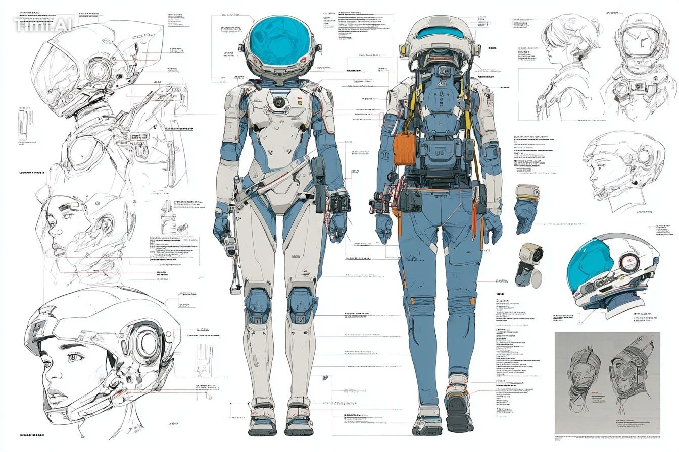 A character concept sheet of a [character], featuring detailed front, b… 2