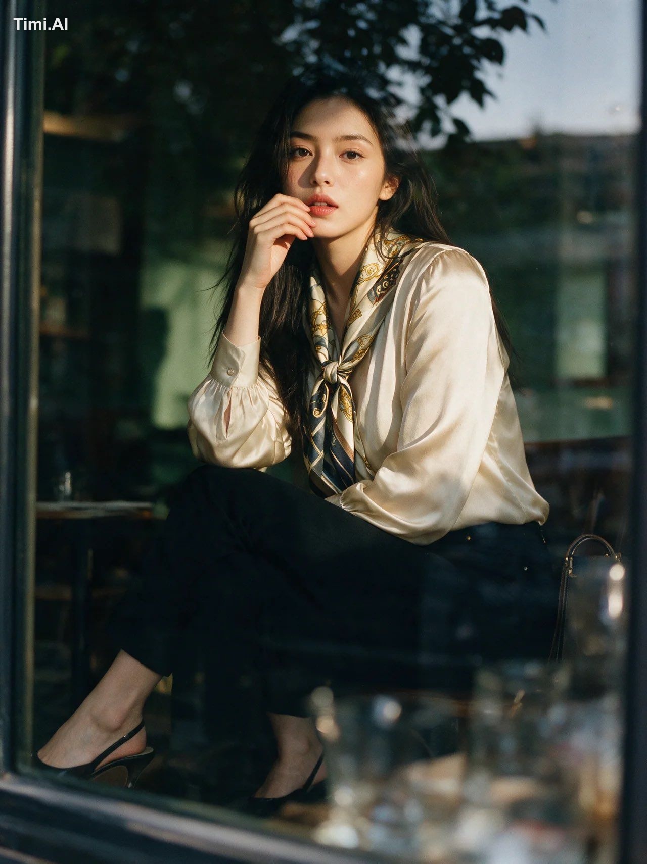 Composition: tight vertical portrait through a cafe window, seated uppe…