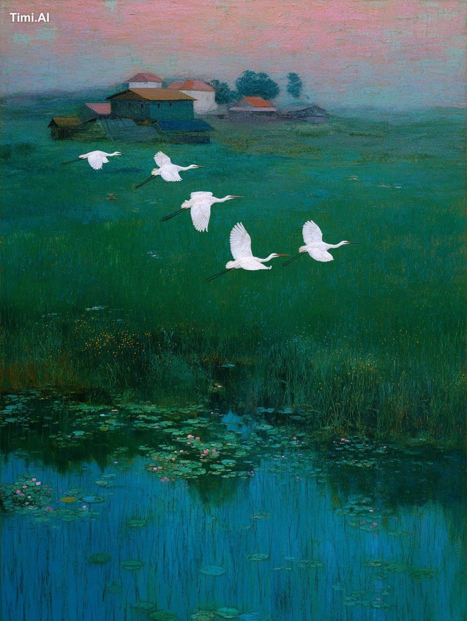 Gustav Klim, Dusk, pink and blue, A green rice field, ten white or blue…