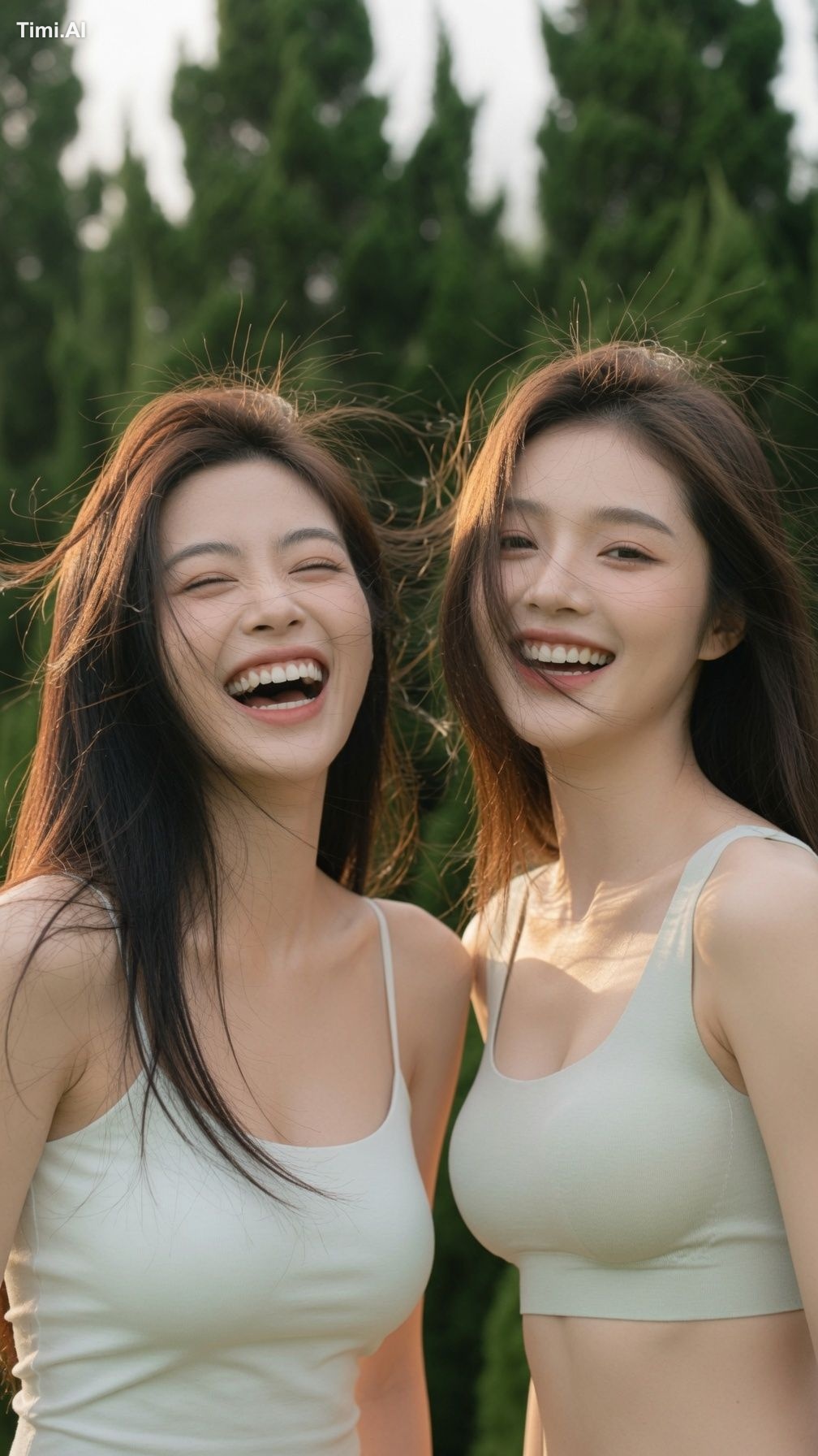创作一幅写实的竖版户外友谊生活照，照片中两位21岁以上的东亚成年女性并肩站在阳光明媚的公园里。画面构图从上半身到头部，两位女性占据了画面的大部… 2