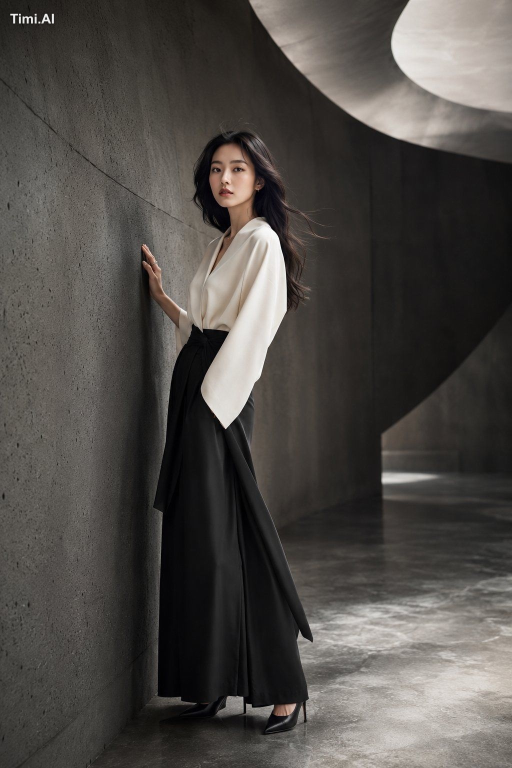 A stunning young Japanese woman in a high-end fashion studio photoshoot…
