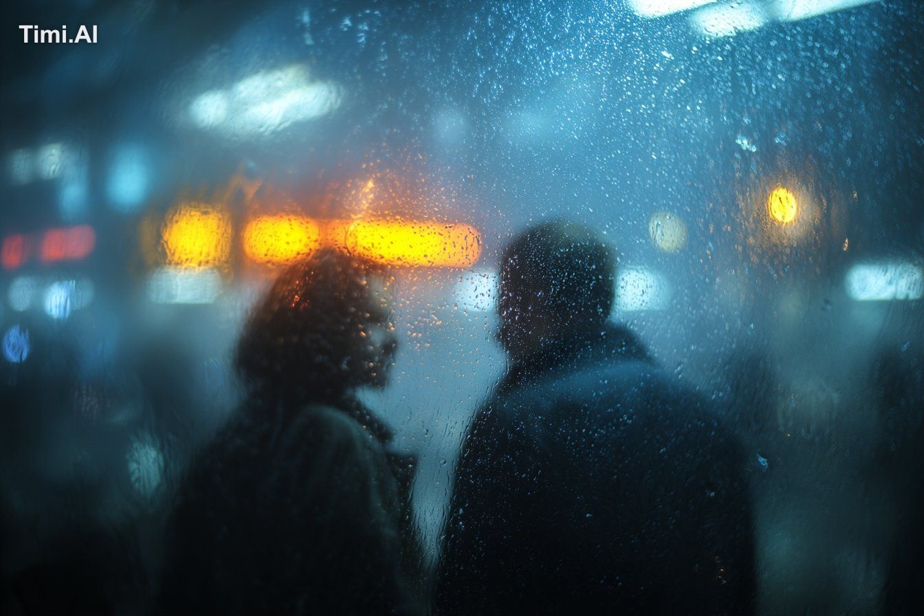 A photorealistic [subject] seen through raindrop-covered glass. Misty a… 3