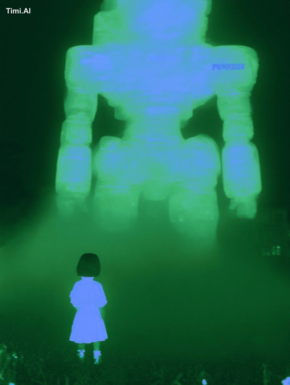 draw Monero chan as a child facing a giant mech ROBOT that has "PUNKGOD…