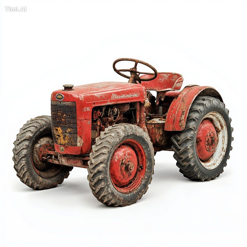 Detailed depiction of a classic red tractor with vintage styling and we…