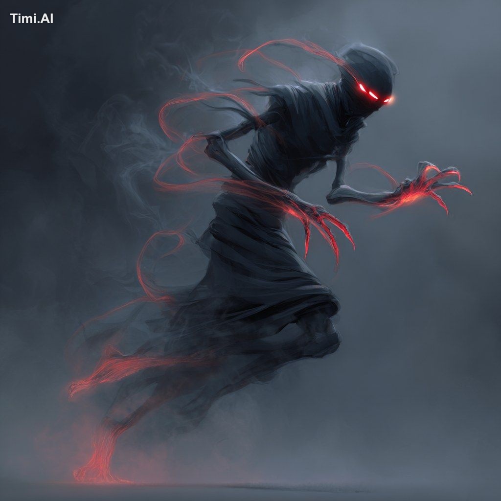 full body side shot photo of twisting, writhing, smoke billowing horror…