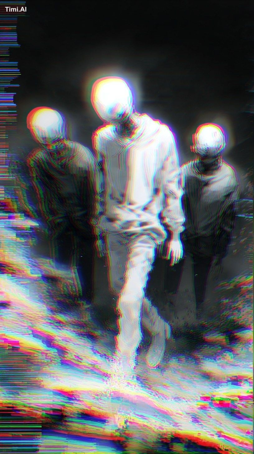 all characters frozen except one slowly turning head, motion blur glitc…
