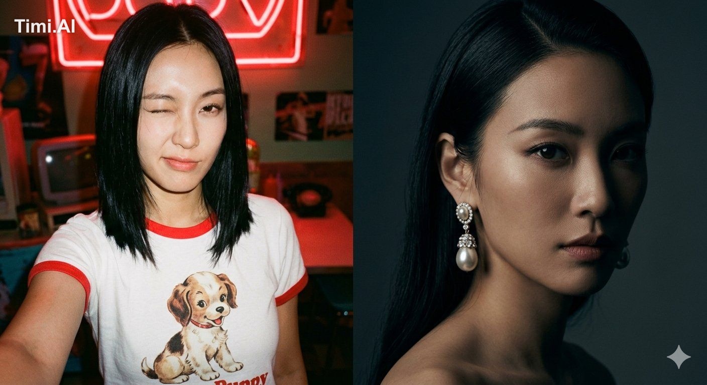 A 2-panel photo collage featuring the same East Asian woman, showcasing… 1