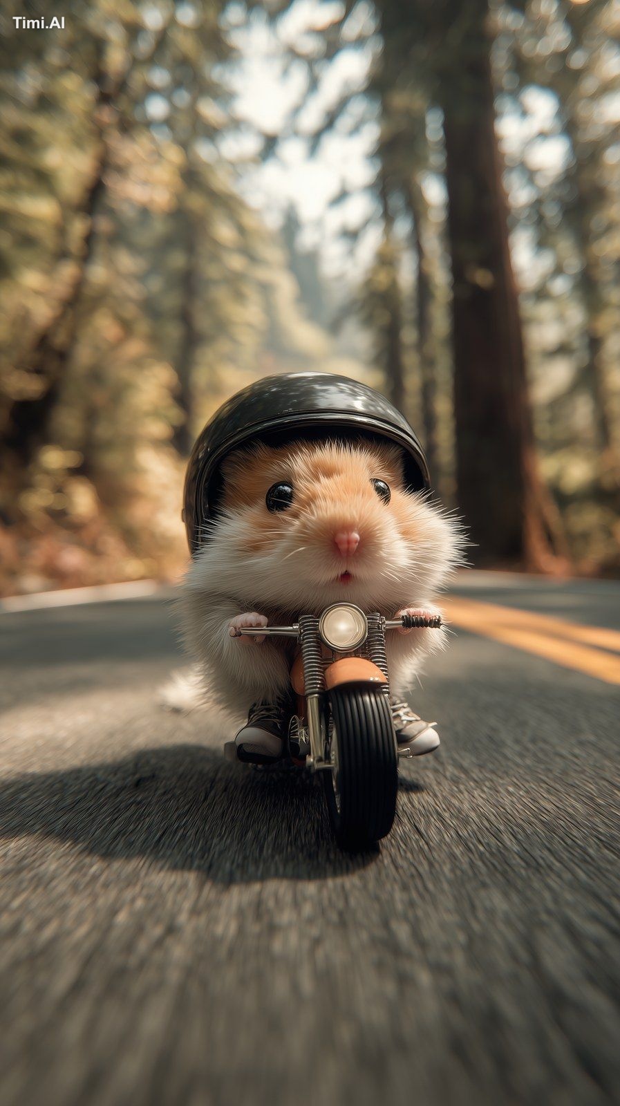 a cute hamster riding a tiny motorcycle on a forest road, wearing a bla…