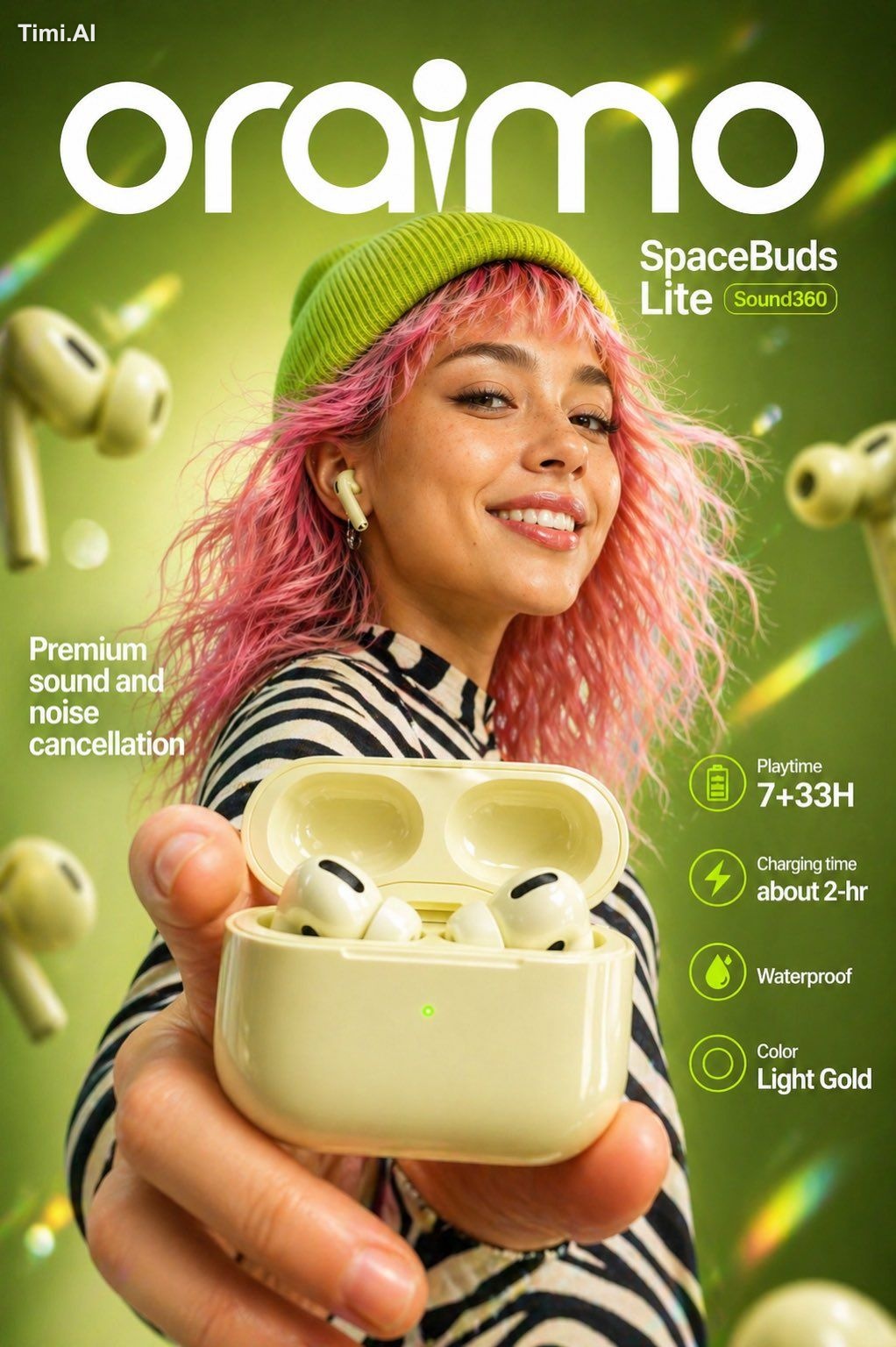 : A vibrant, high-end product advertisement featuring a stylish young w…