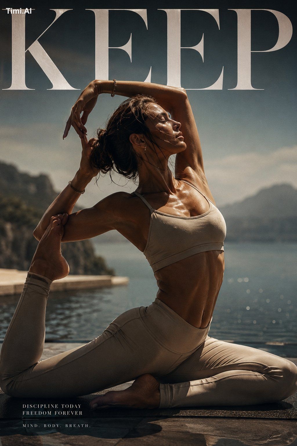 Ultra luxury cinematic yoga editorial poster, single-image luxury campa… 2