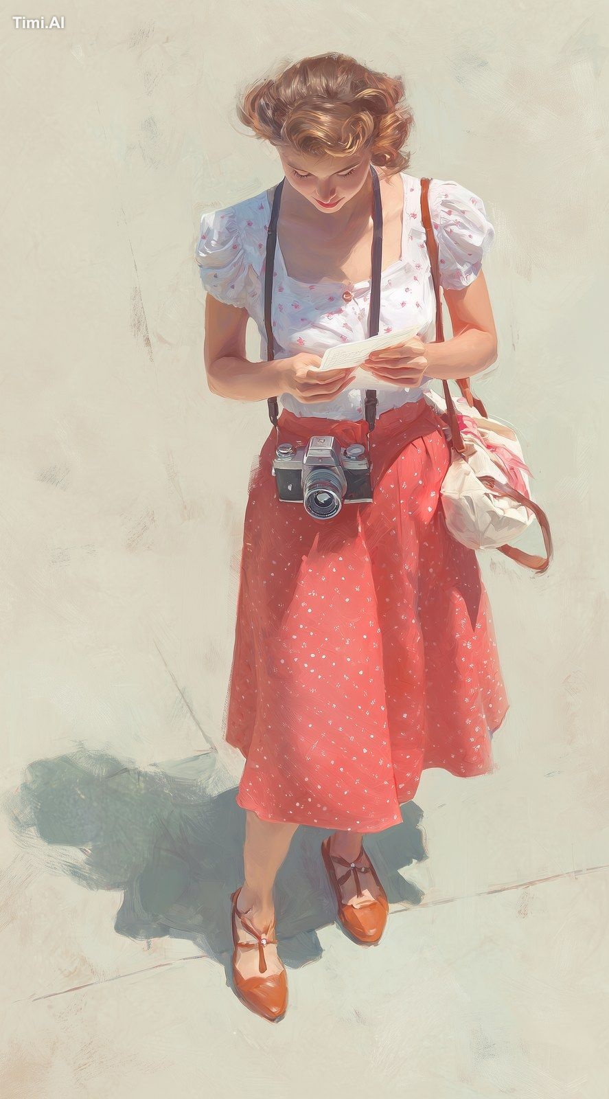 slightly high camera with at a downward angle of a 1950s woman holding …