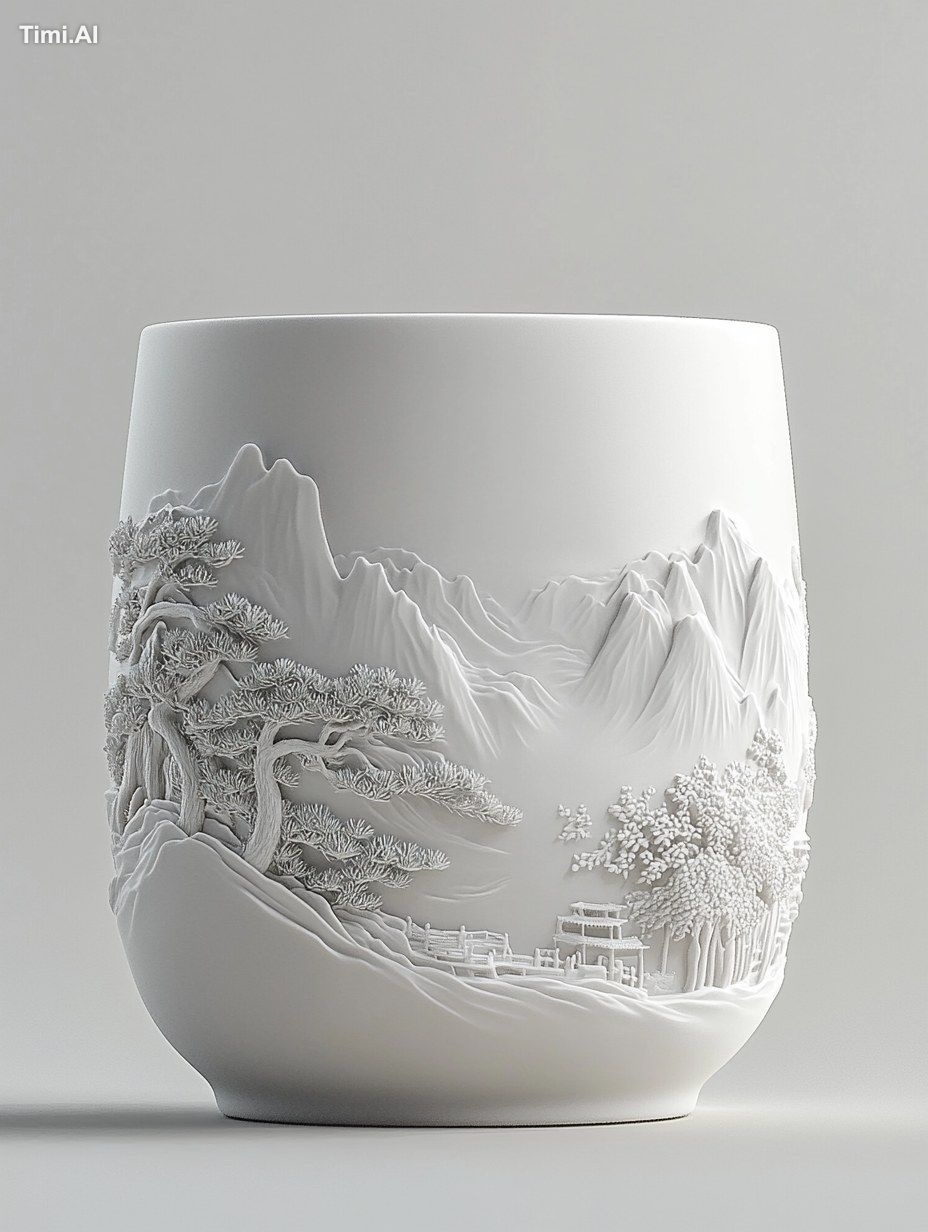 Ceramic cup with relief decoration of a Chinese landscape, product phot…