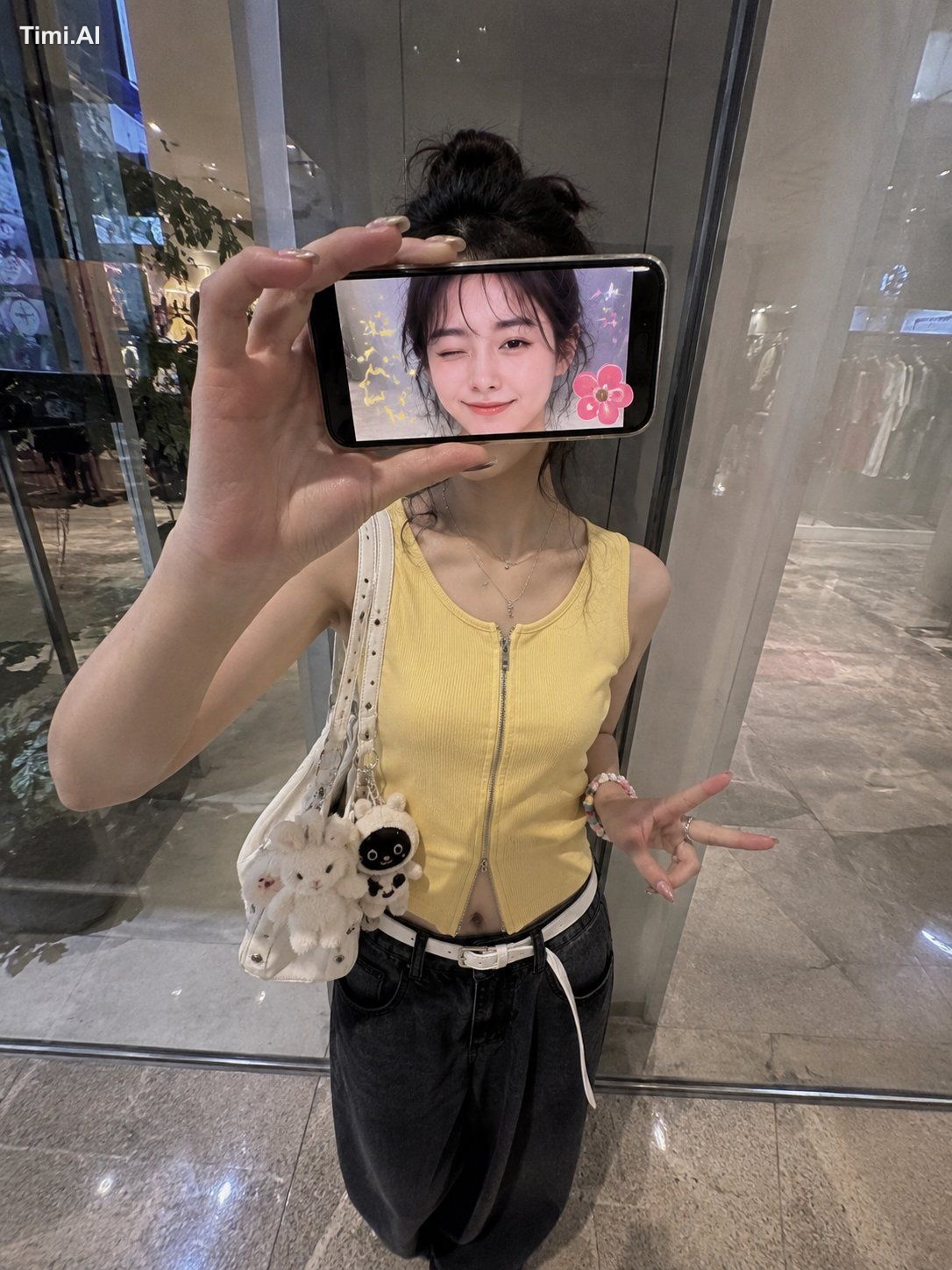 Ultra-realistic creative iPhone portrait of a stylish Japanese woman st…