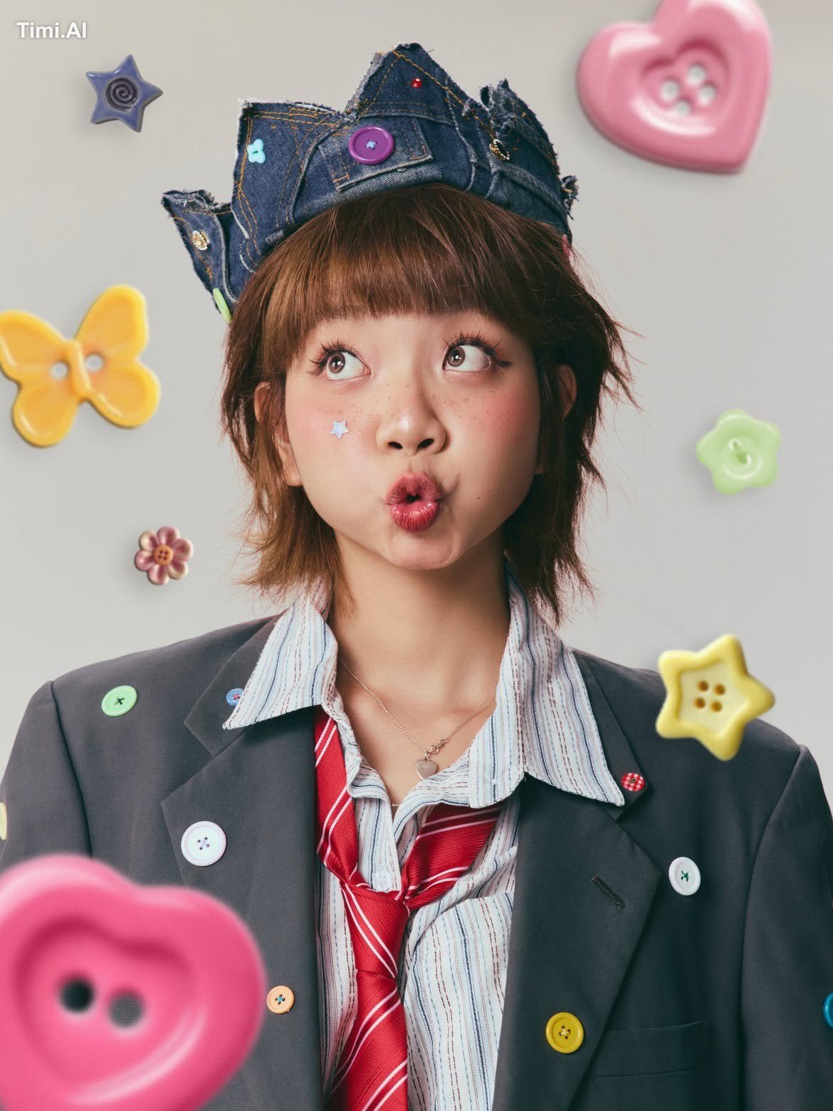 Ultra-realistic editorial fashion portrait of a playful young woman wit…
