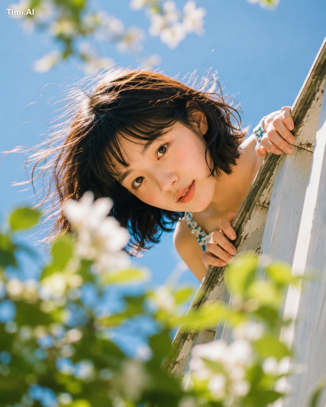 Close-up shot from low angle, young woman's face peeking over white bal… 2
