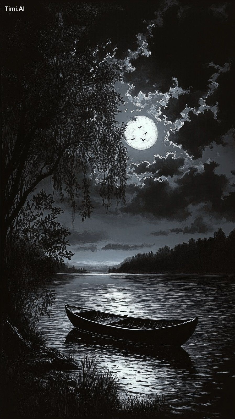 beautiful black lake and boat with black sky, black hour, dark black th…