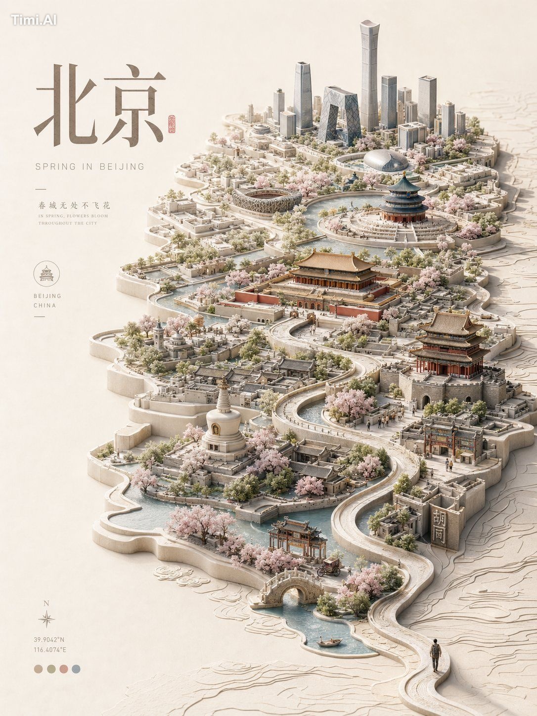 设计一张高级「立体浮雕城市地图海报 / Relief City Atlas Poster」，主题为【城市名称】的【季节主题】。 整体不是普通平… 3