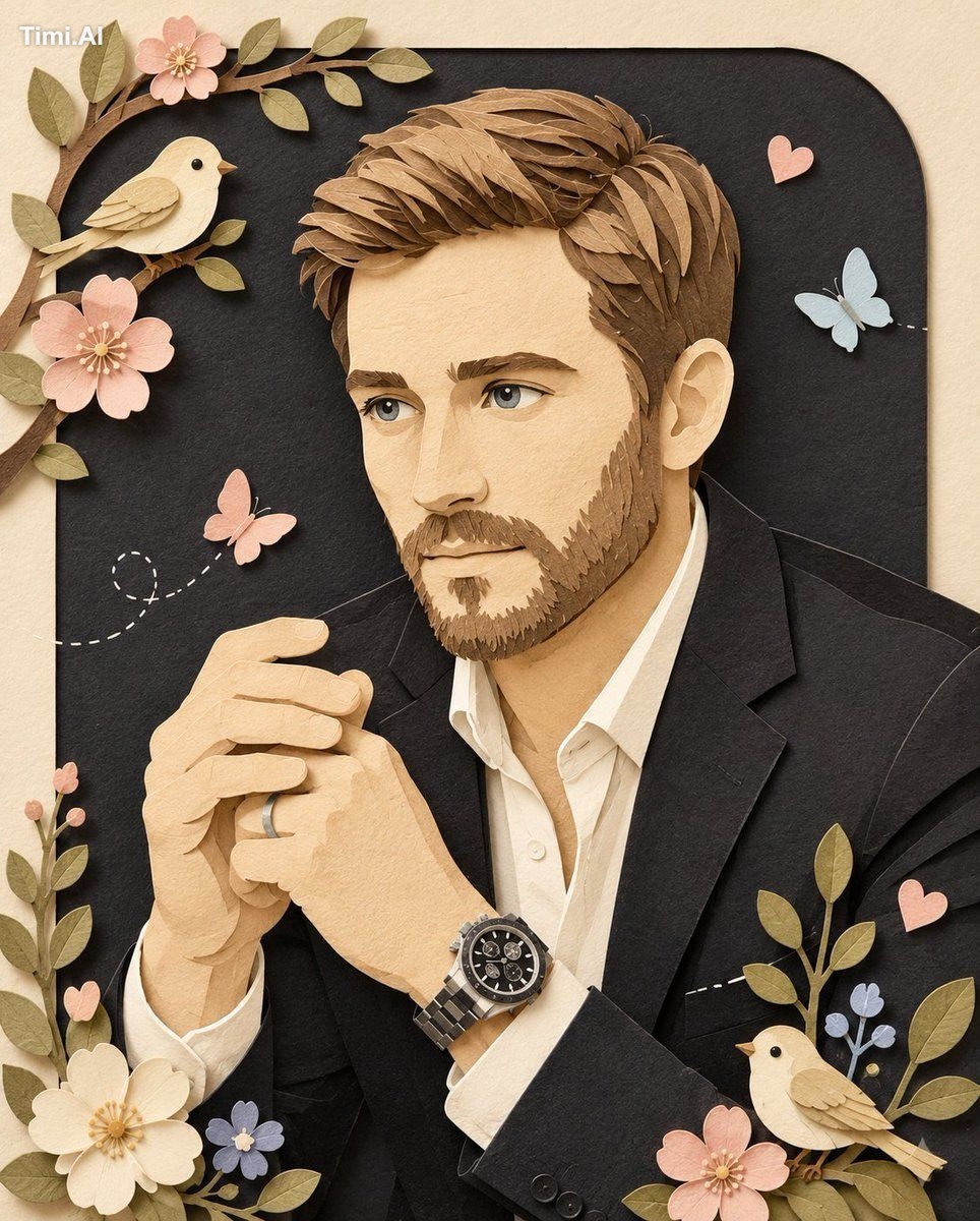 Transform the uploaded portrait into a whimsical handcrafted paper dior…