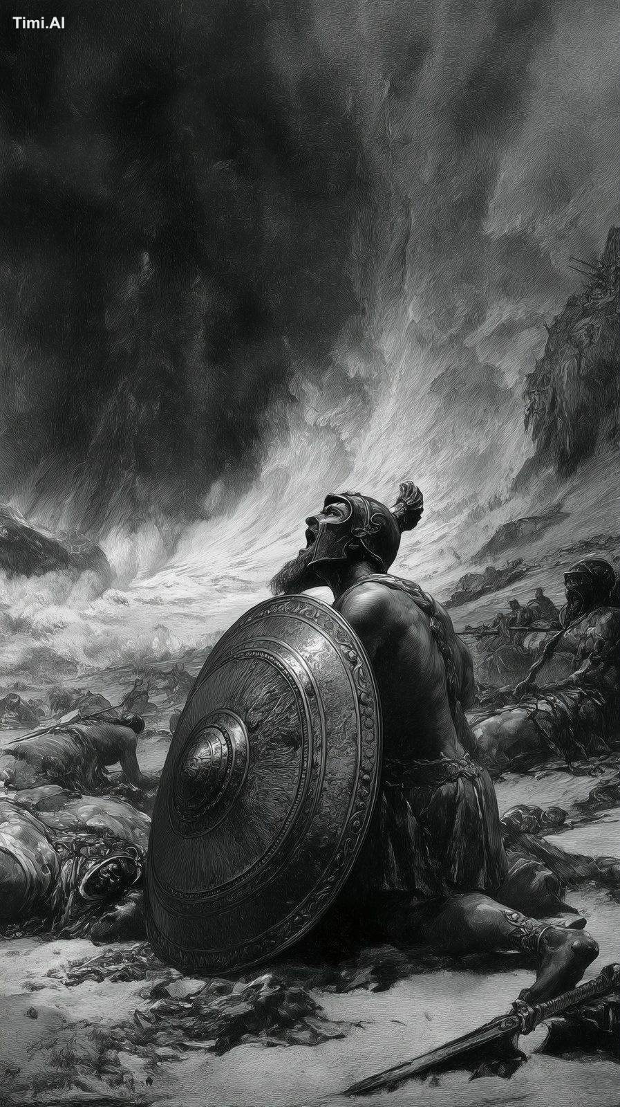 Ajax the Great roaring at the heavens during a storm, kneeling in the s…