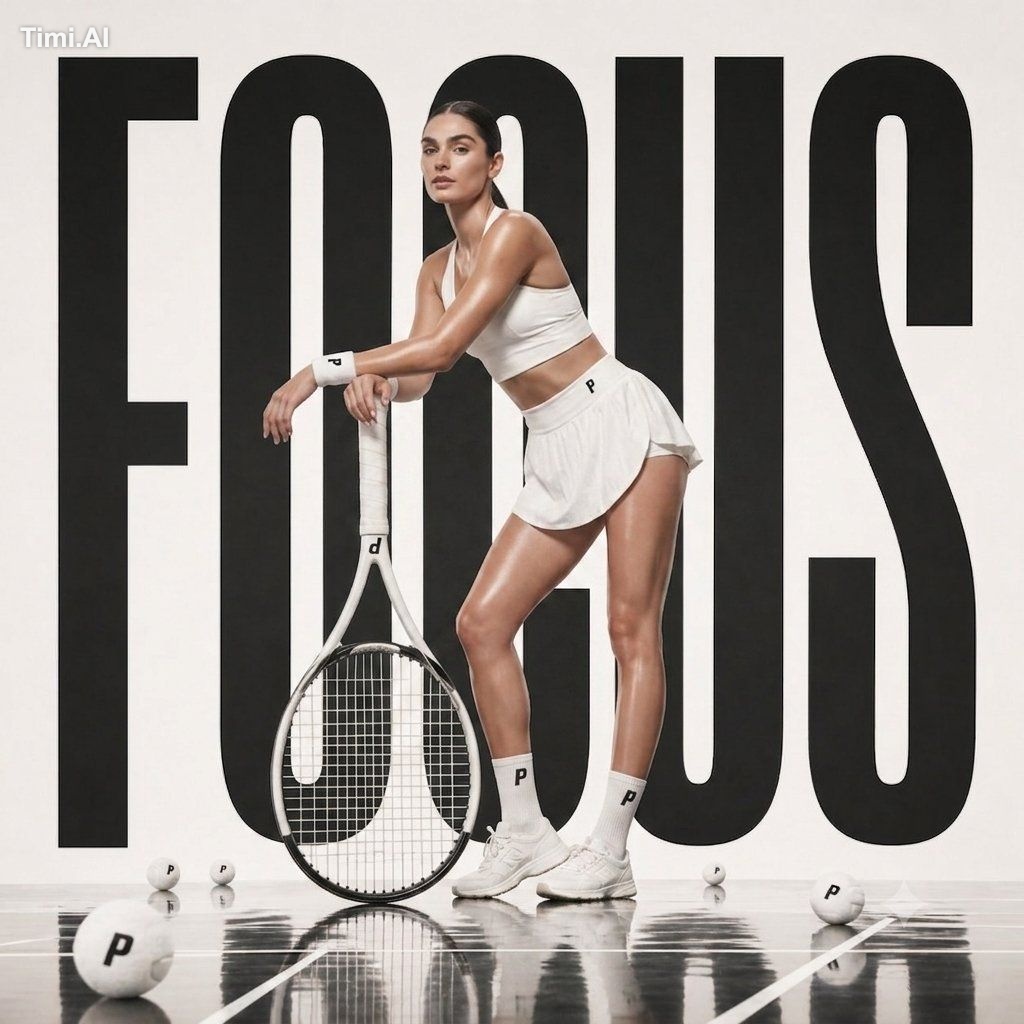 A clean high-fashion sports editorial featuring a confident female tenn…