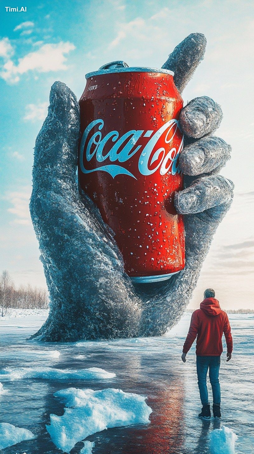 man looking at a giant gigantic frozen hand coming out of frozen lake h…
