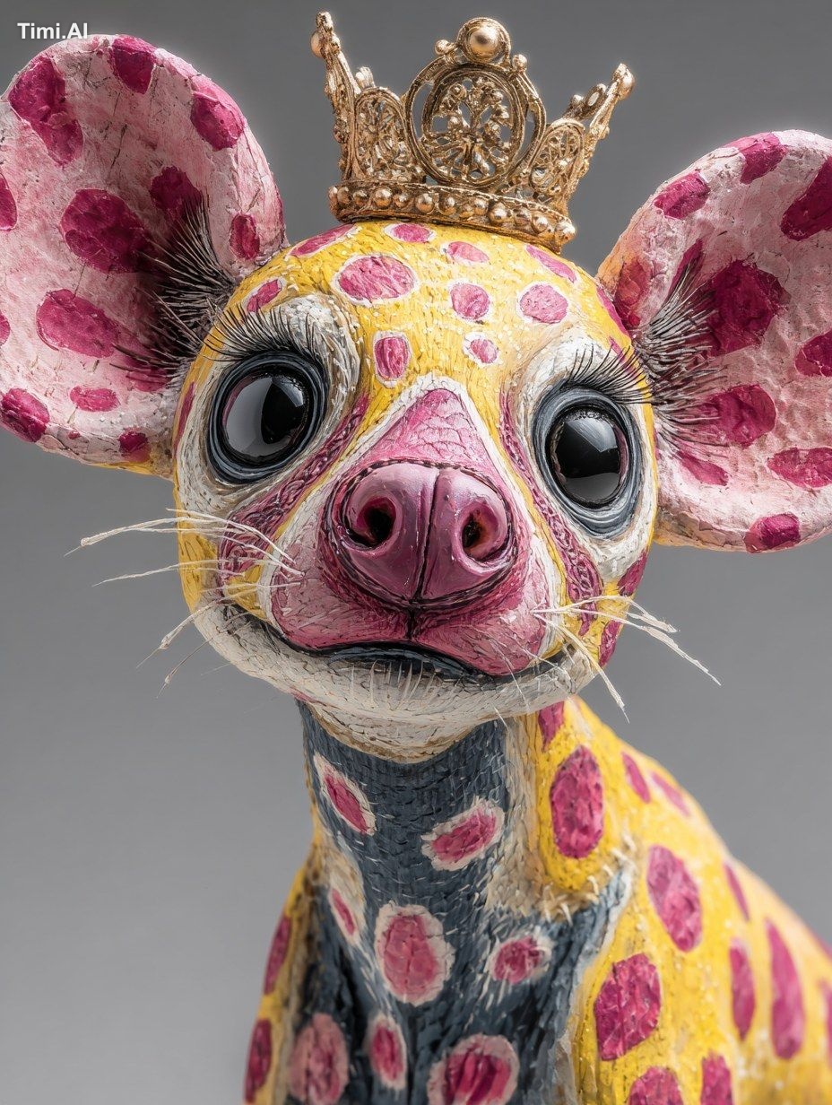 whimsical female hiena with yellow pink leopard skin spots on body, big…