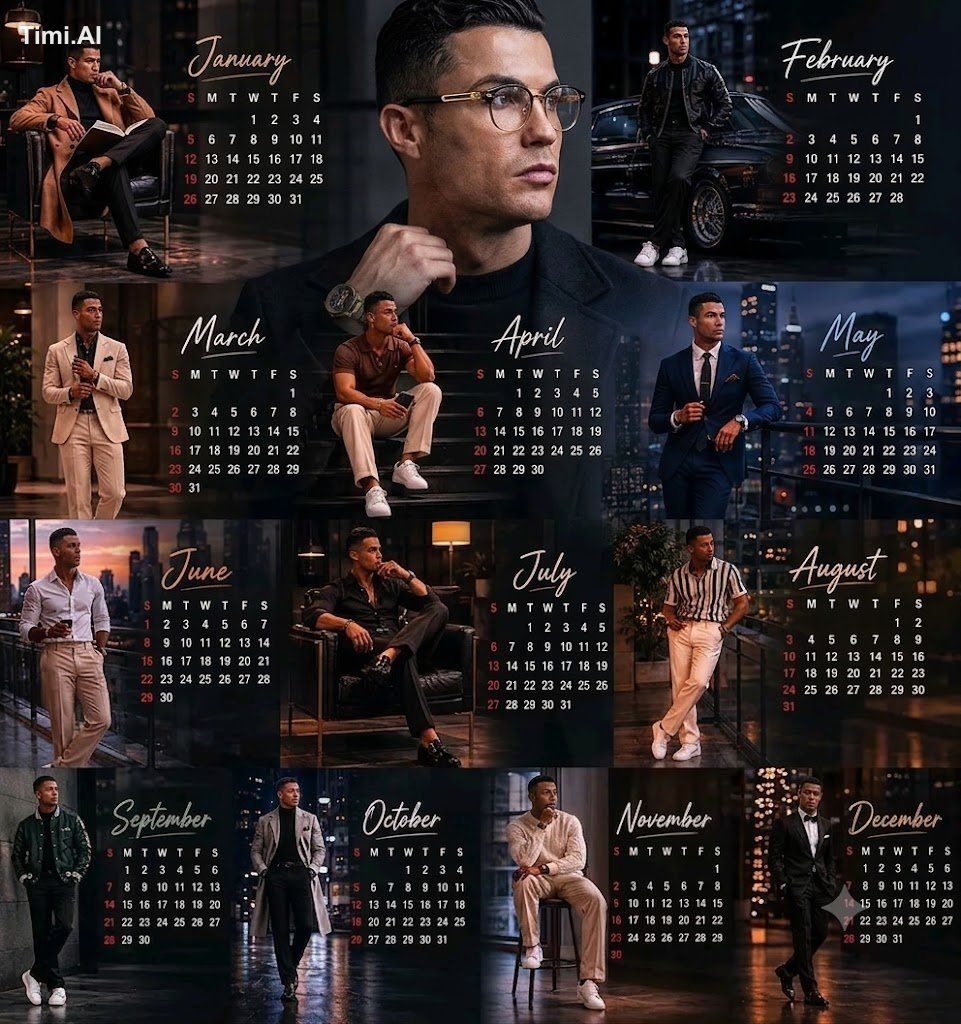 Create a luxury 12-month calendar poster in a 4×3 grid featuring a styl…