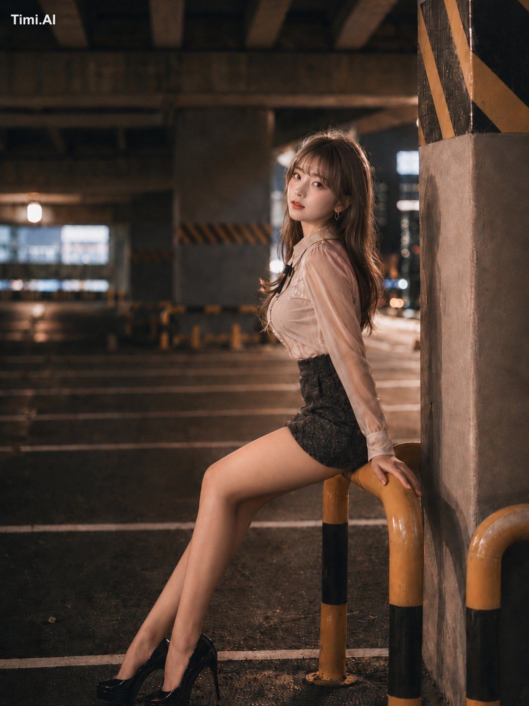 縦長4:5の写真。夜の立体駐車場で、若い女性が画面右側の黄色と黒のガードレールに腰掛けている。人物は全身が入る大きさで、画面の中央やや右を占め…