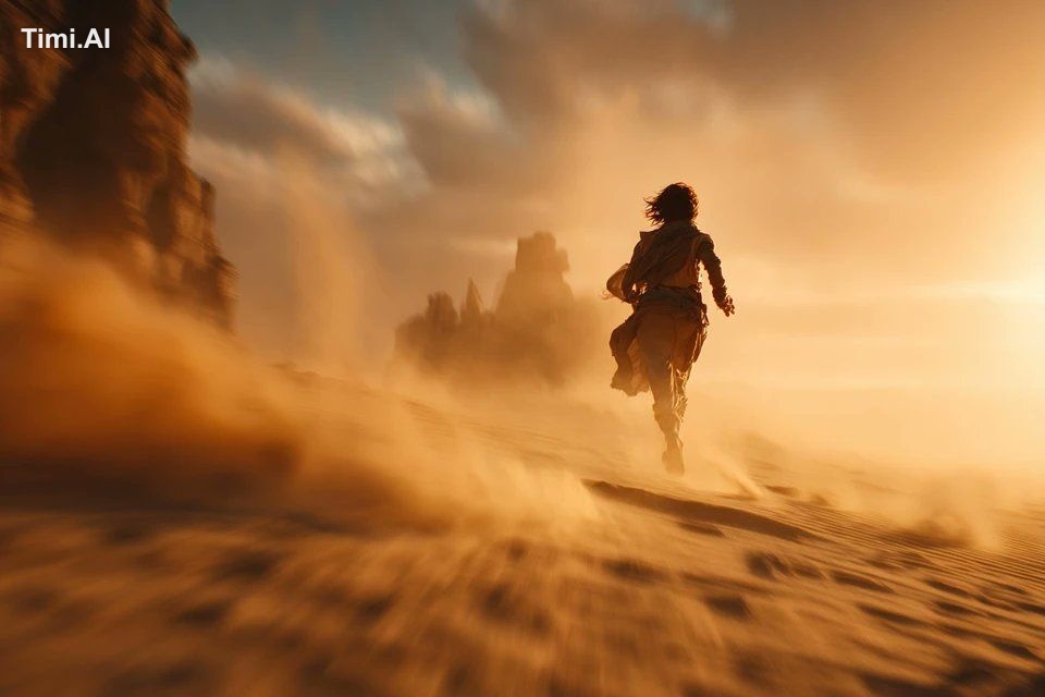 A cinematic tracking shot of a [subject] sprinting through a [landscape…