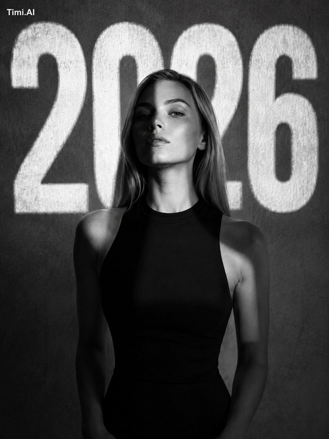 A cinematic, high-contrast black and white portrait of a young woman st…