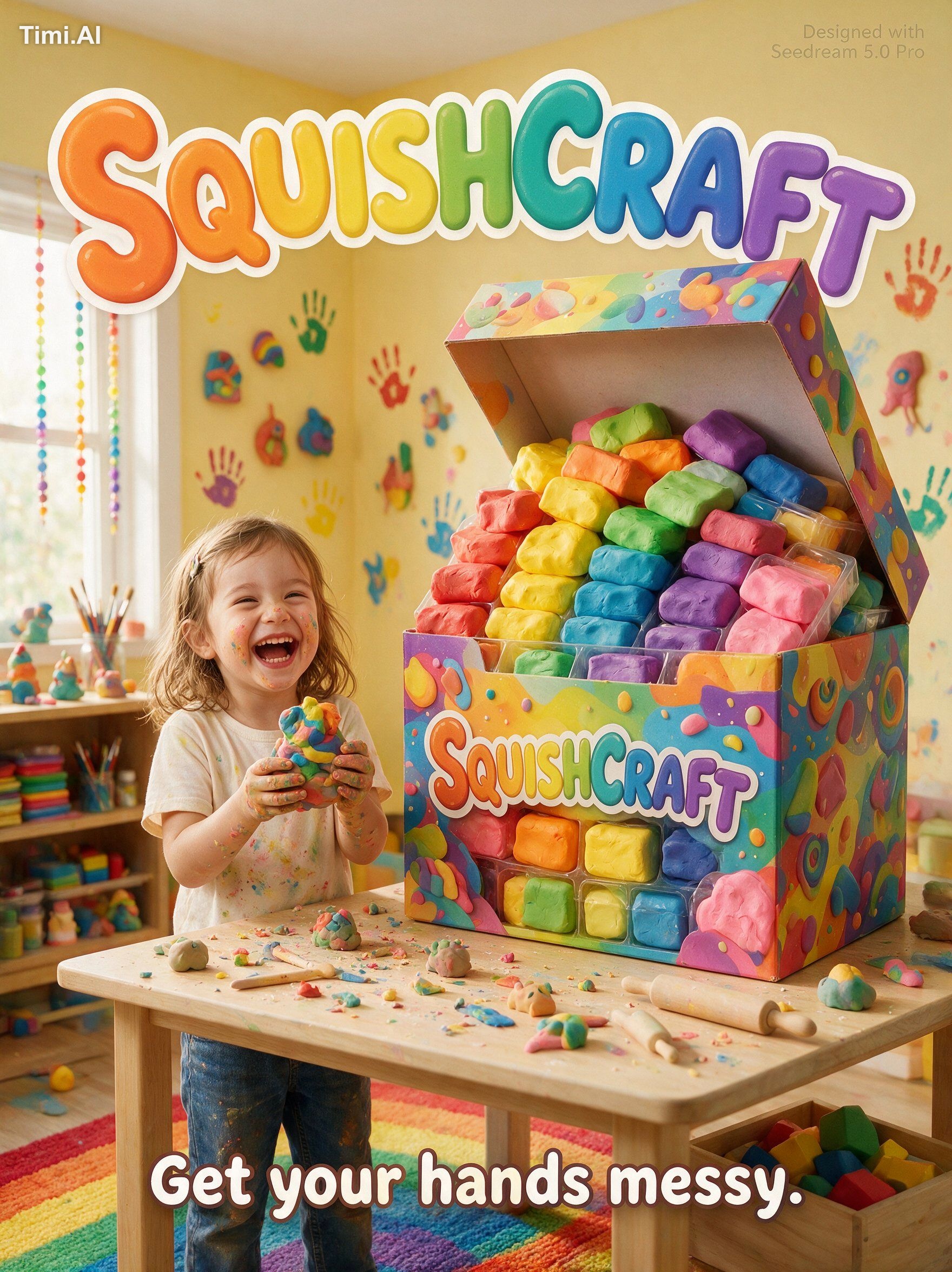 A messy fun kids advertisement poster. A laughing young girl age 6 with…