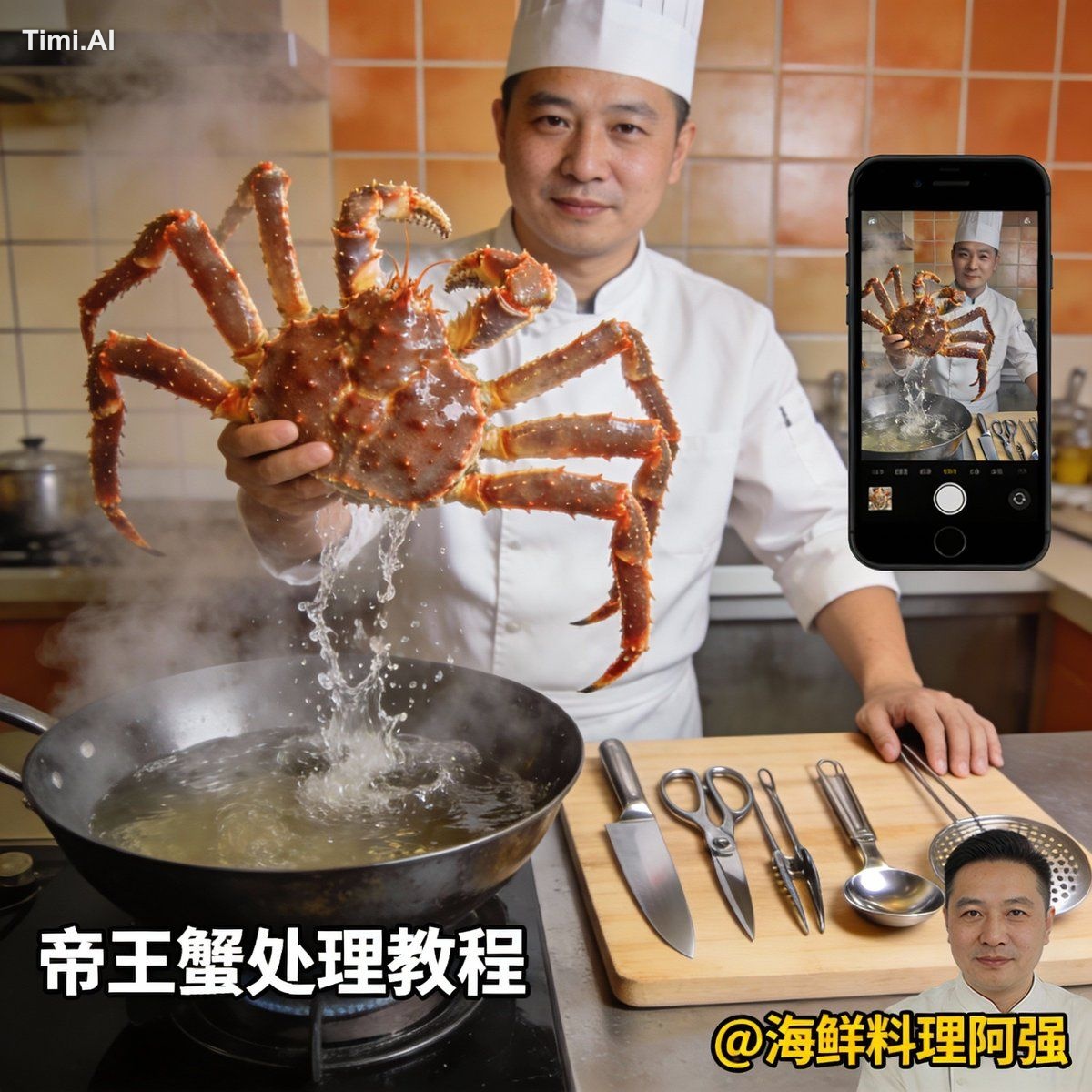 帮我生成一帧抖音竖屏短视频截图，内容是厨房帝王蟹下锅处理，厨师面对镜头展示食材和案板上成套的厨具 1