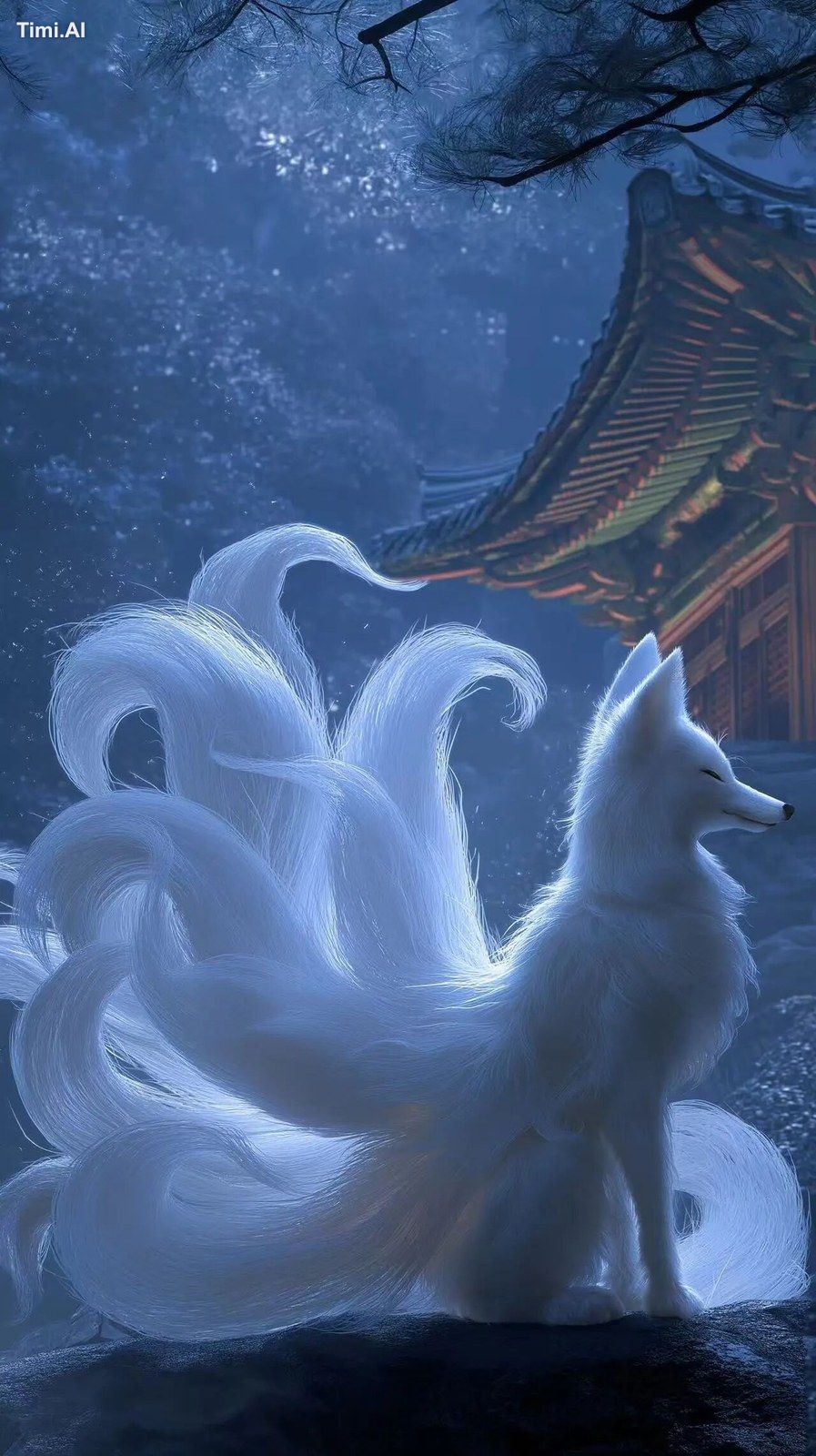 A hyper realistic ethereal nine-tailed fox spirit, glowing nine tails f…