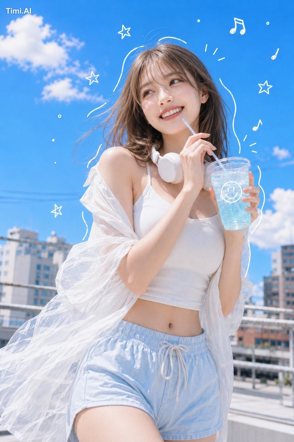 真夏の都市型ビル屋上で、ラムネソーダを手に笑う20代の女性。縦長2:3の画面中央やや右に立ち、頭から太もも上部までを大きく写す。人物は画面の約…