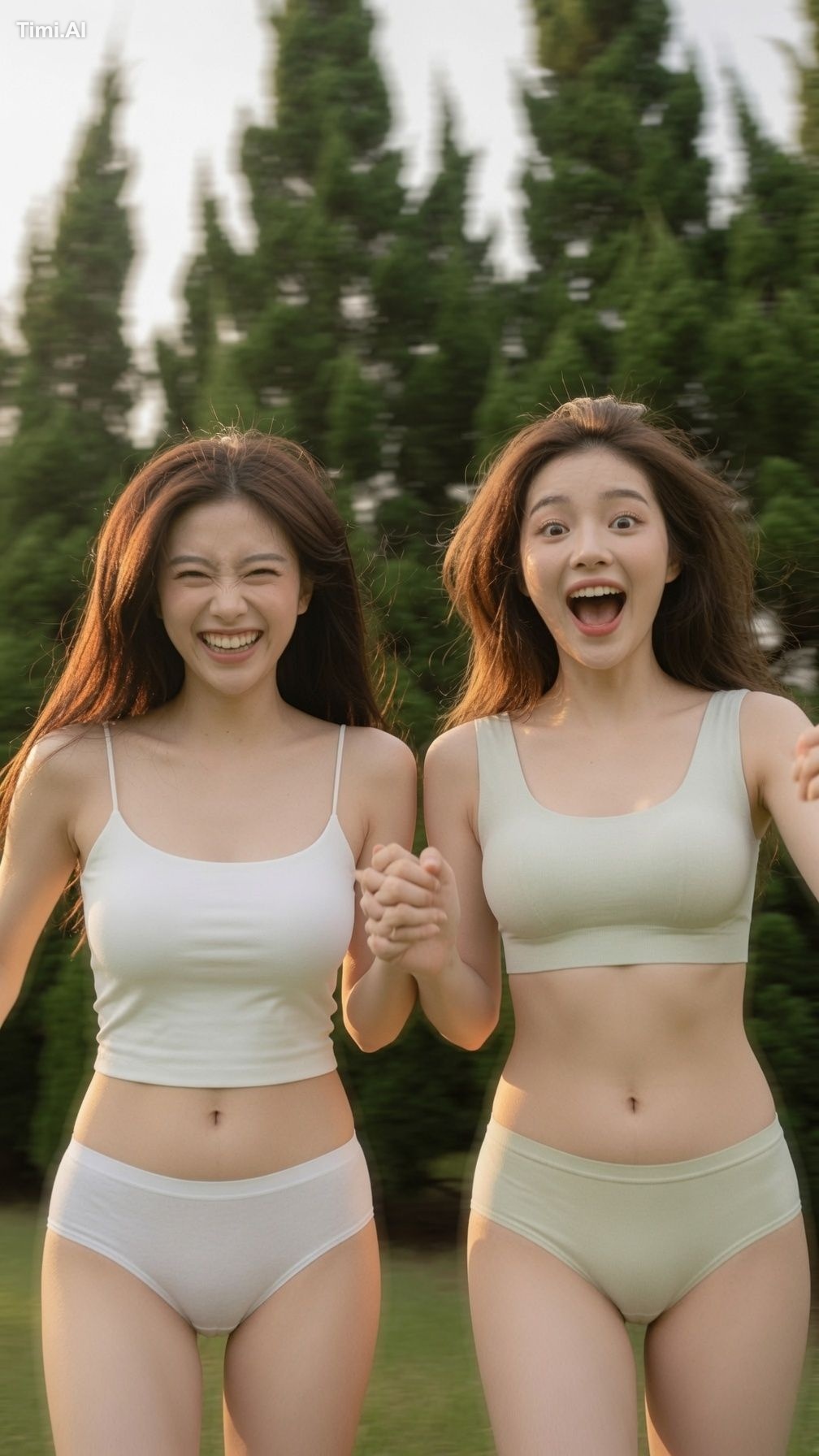 创作一幅写实的竖版户外友谊生活照，照片中两位21岁以上的东亚成年女性并肩站在阳光明媚的公园里。画面构图从上半身到头部，两位女性占据了画面的大部… 1