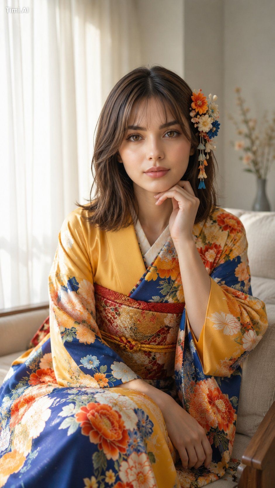 A beautiful young East Asian woman with shoulder-length dark brown hair…