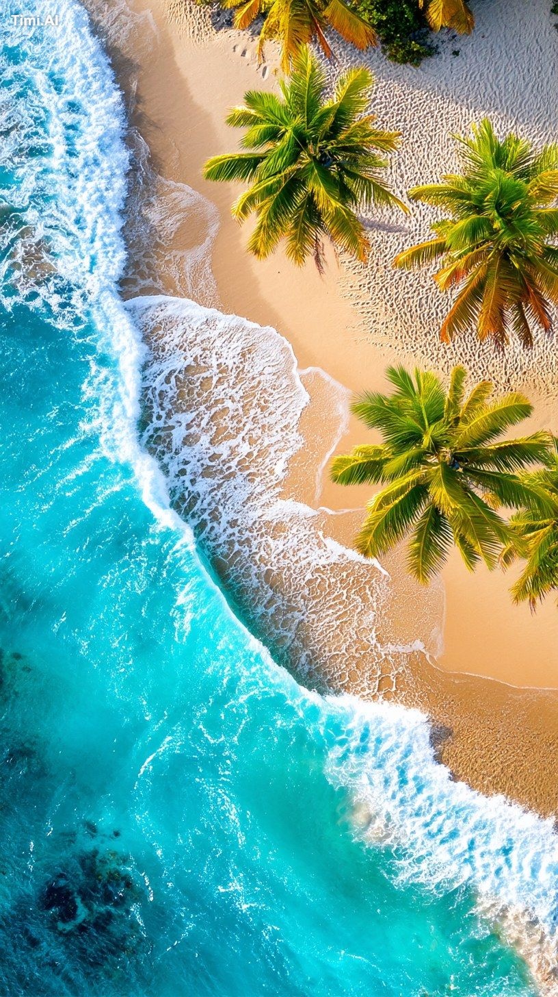 Aerial view of a tropical beach at golden hour, hyper-realistic 4K, cin…