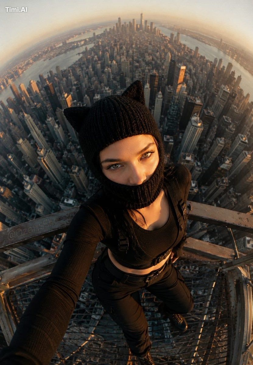 A fictional young woman in a black knit cat-ear balaclava and matching …