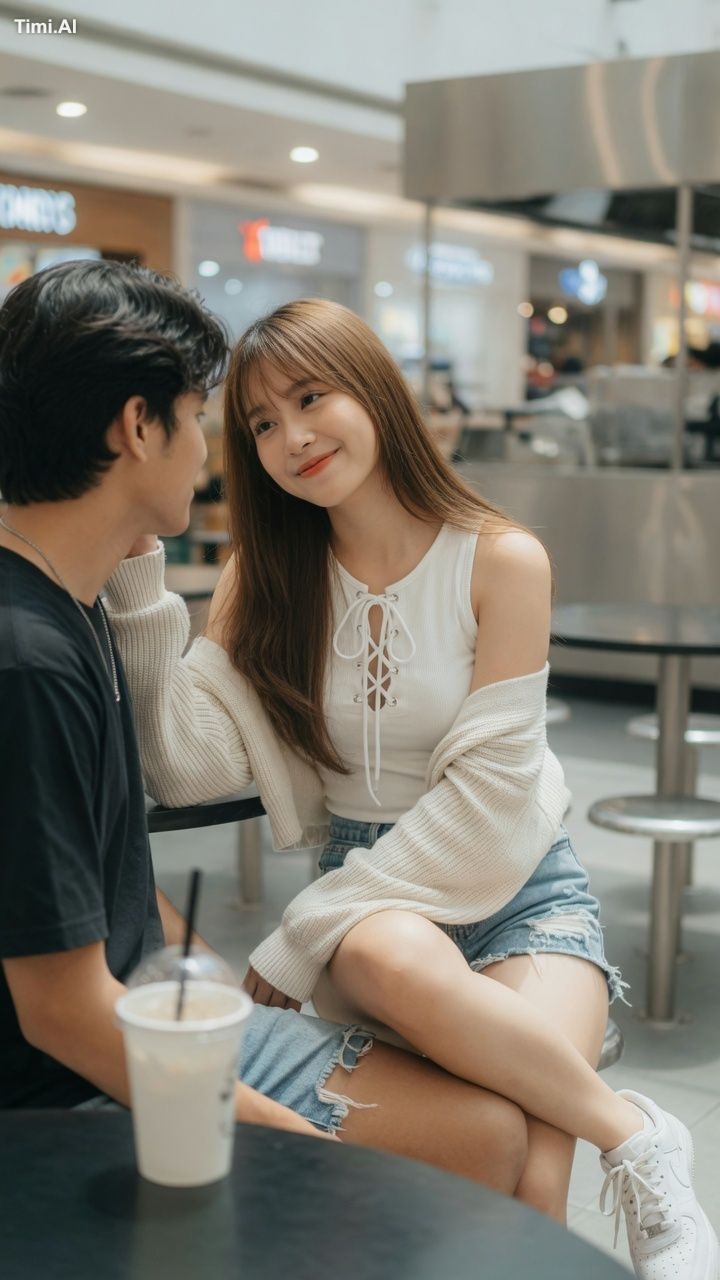 A candid, intimate moment in a bright modern mall food court cafe, phot…