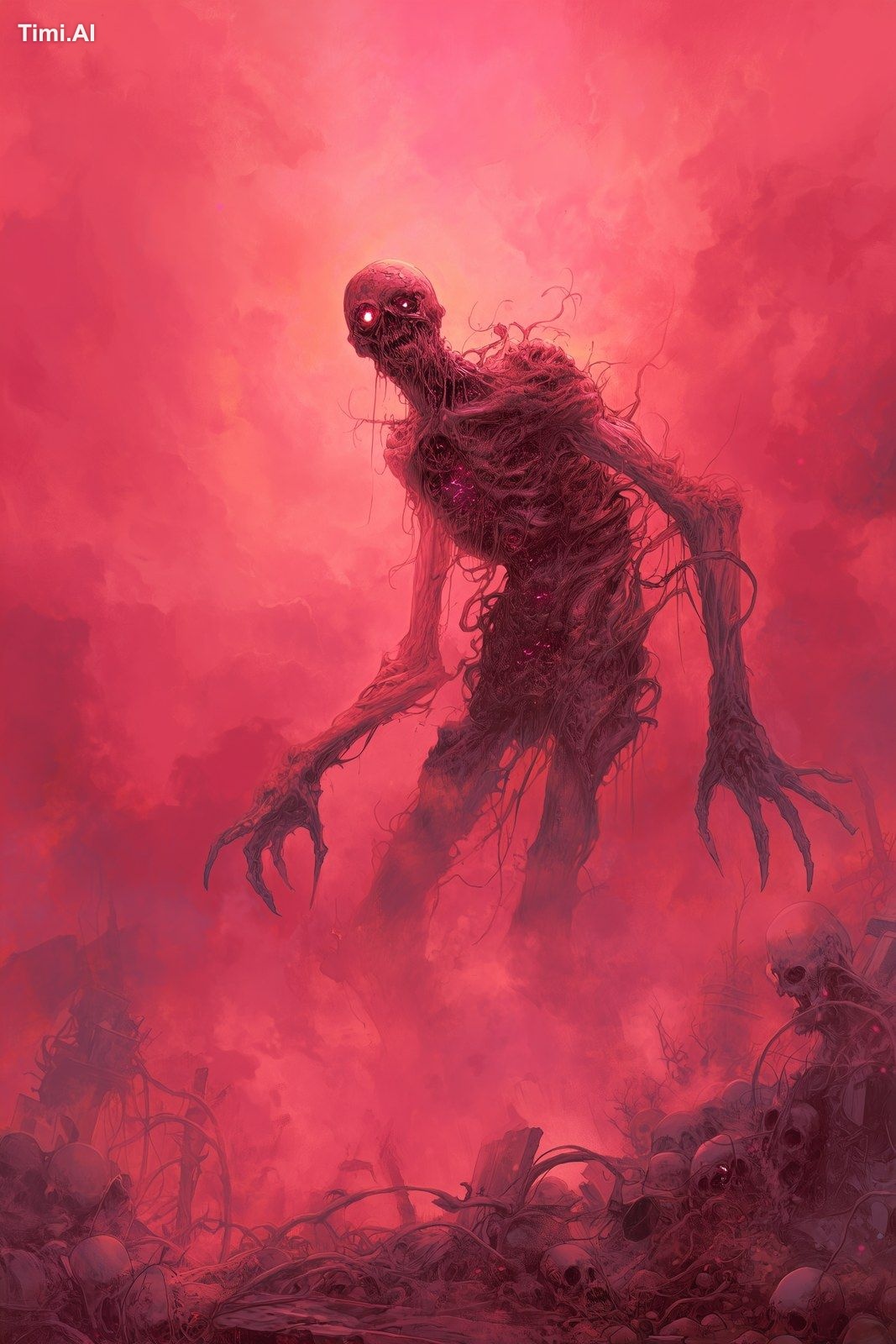 a grotesque, hyper-deformed creature standing in a nightmare realm, its…