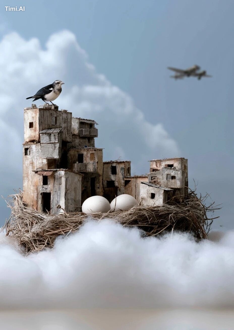 a bird's nest made of little village houses, the houses are very little…