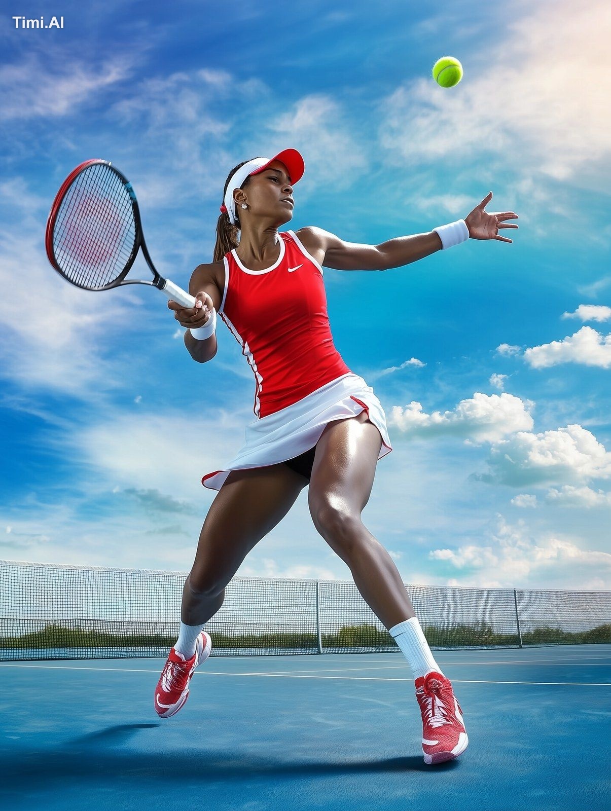 create a natural looking professional female tennis player, wearing con…
