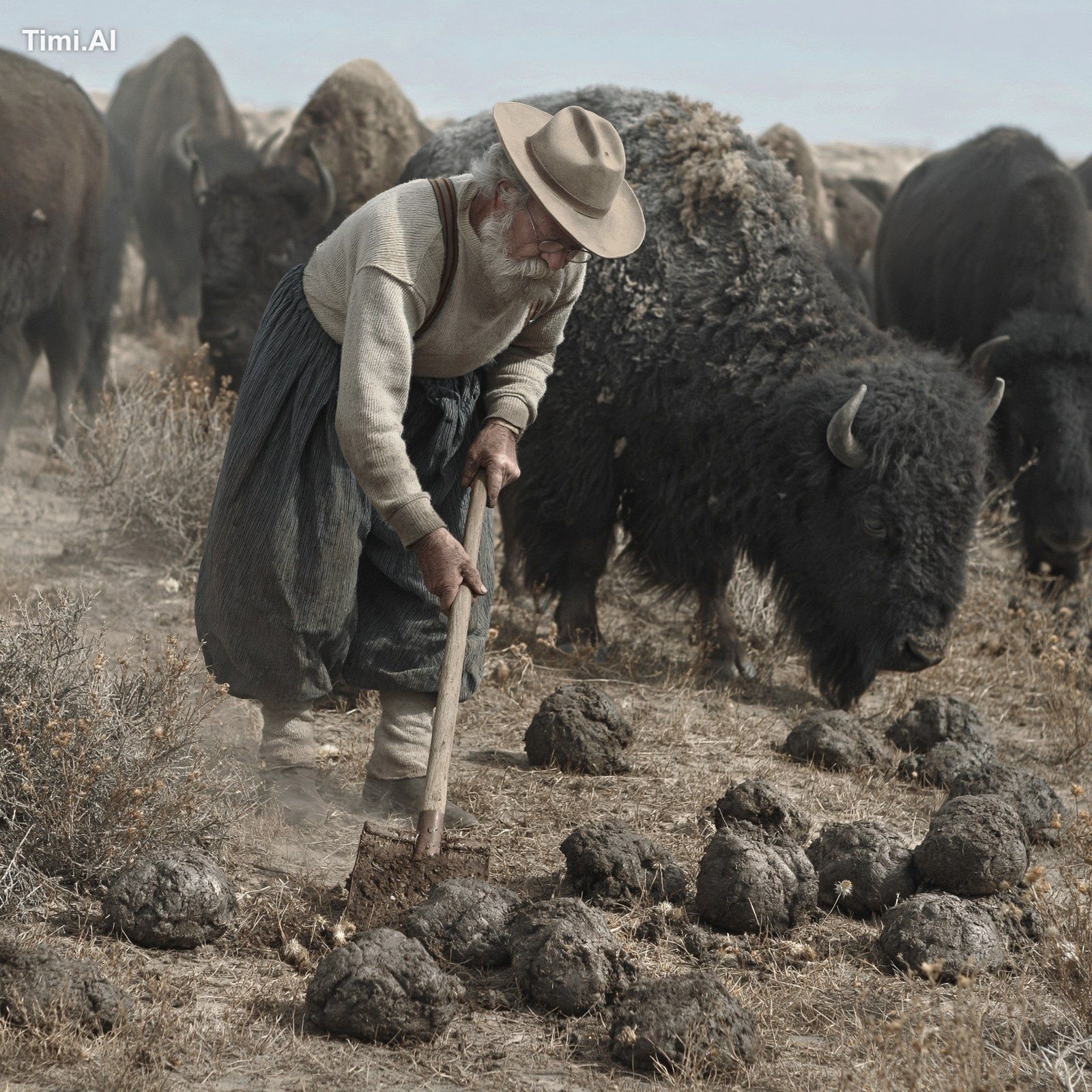 Elderly cowboy in long underwear, baggy pants and suspenders is cleanin…